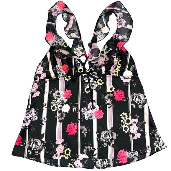 Victorias Secret Satin Black Rose Ruffle Strap Sleep Cami Tank Top Size Medium - Picture 4 of 12